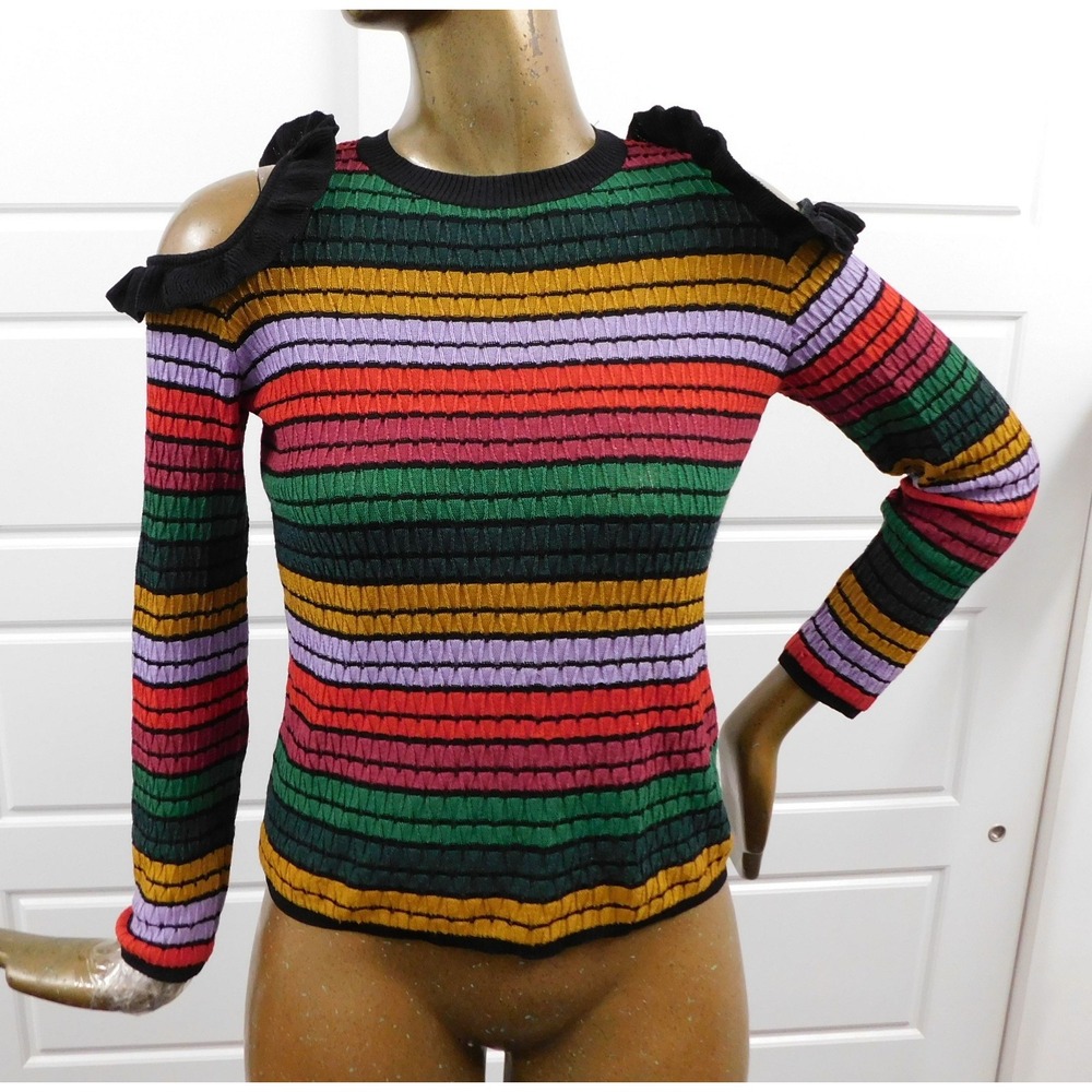Uterque Knit Striped Open Shoulder Multicolor Sweater Round Neck sz S‎